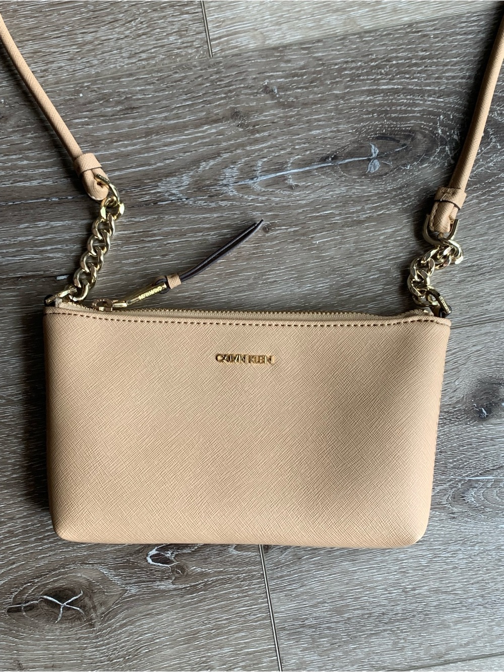 Calvin Klein Tan Crossbody Bag with Gold Chain Accents